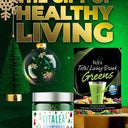 Holiday themed Kylea Health banner featuring Vitalea farm-fresh sourced superfoods capsules and Total Living Drink Greens powder under the headline “The Gift of Healthy Living,” with green trees, ornaments, and gold accents on a dark green background.