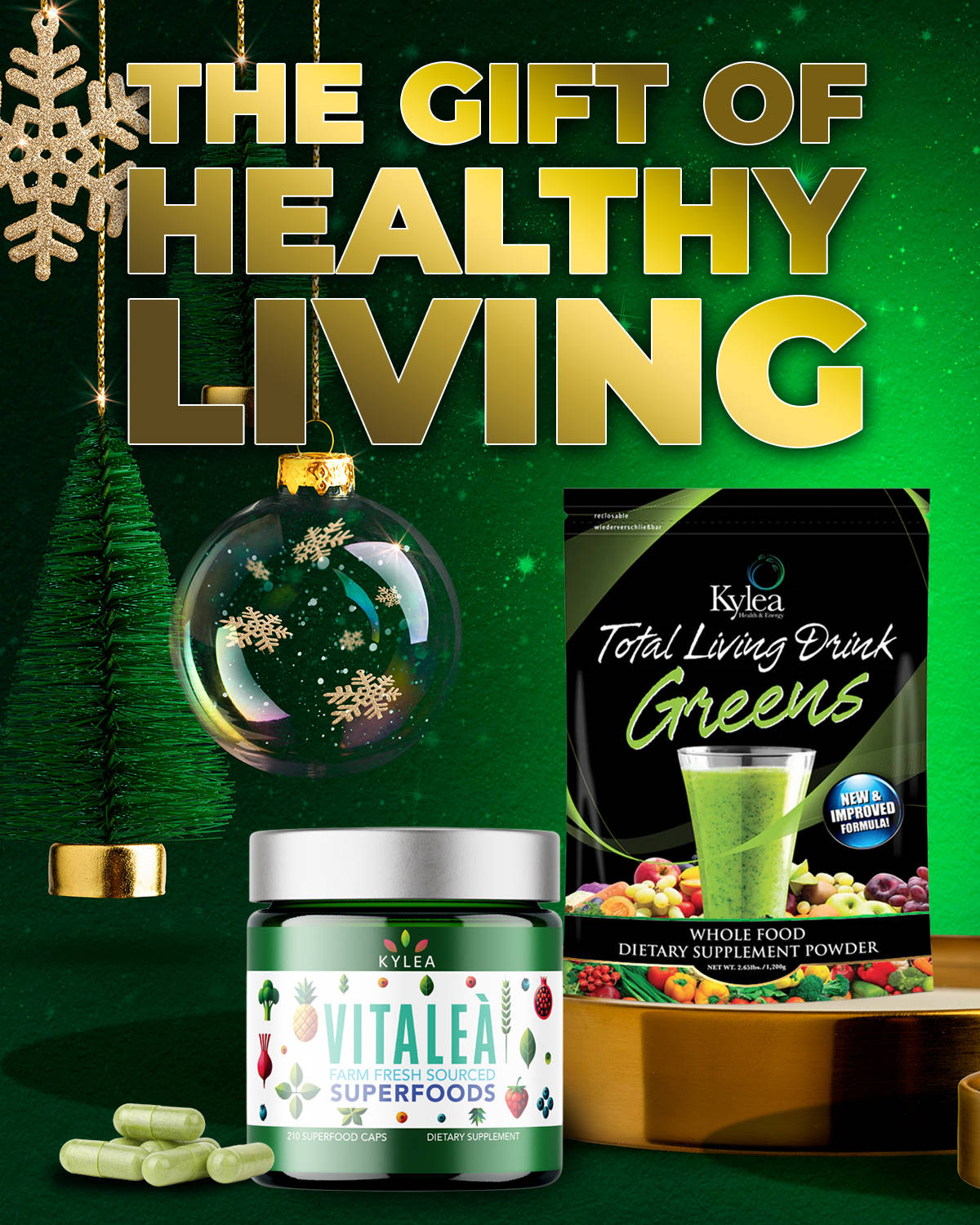 Holiday themed Kylea Health banner featuring Vitalea farm-fresh sourced superfoods capsules and Total Living Drink Greens powder under the headline “The Gift of Healthy Living,” with green trees, ornaments, and gold accents on a dark green background.