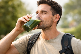 Hand stirring superfood drink with spoon in glass